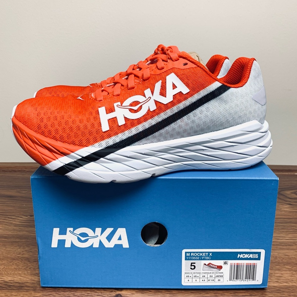 Brand New HOKA ONE ONE Red ROCKET X Road Running Shoes Womens 6 Mens 5
